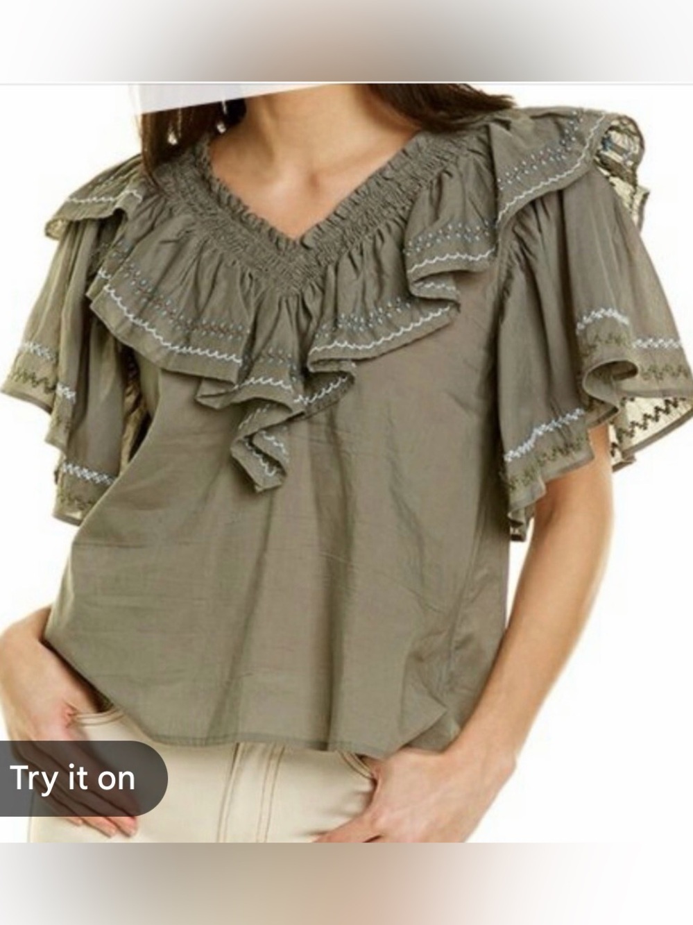 Something Navy Woman’s Felix Ruffle Top Size Medium Olive Green